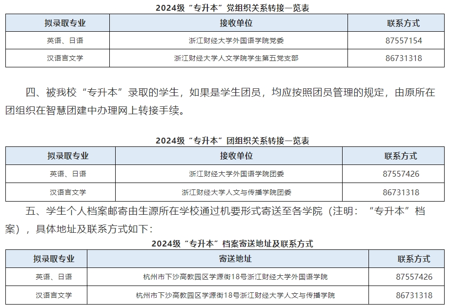 2024年浙江财经大学专升本新生党团关系转接、档案邮寄通知